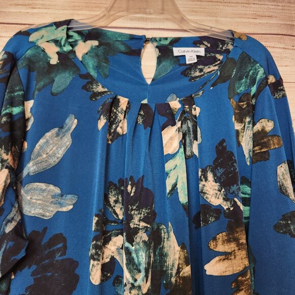 Calvin Klein Long Sleeve Tunic Blouse Blue Floral One Button Back Womens Size 2X - Picture 2 of 16